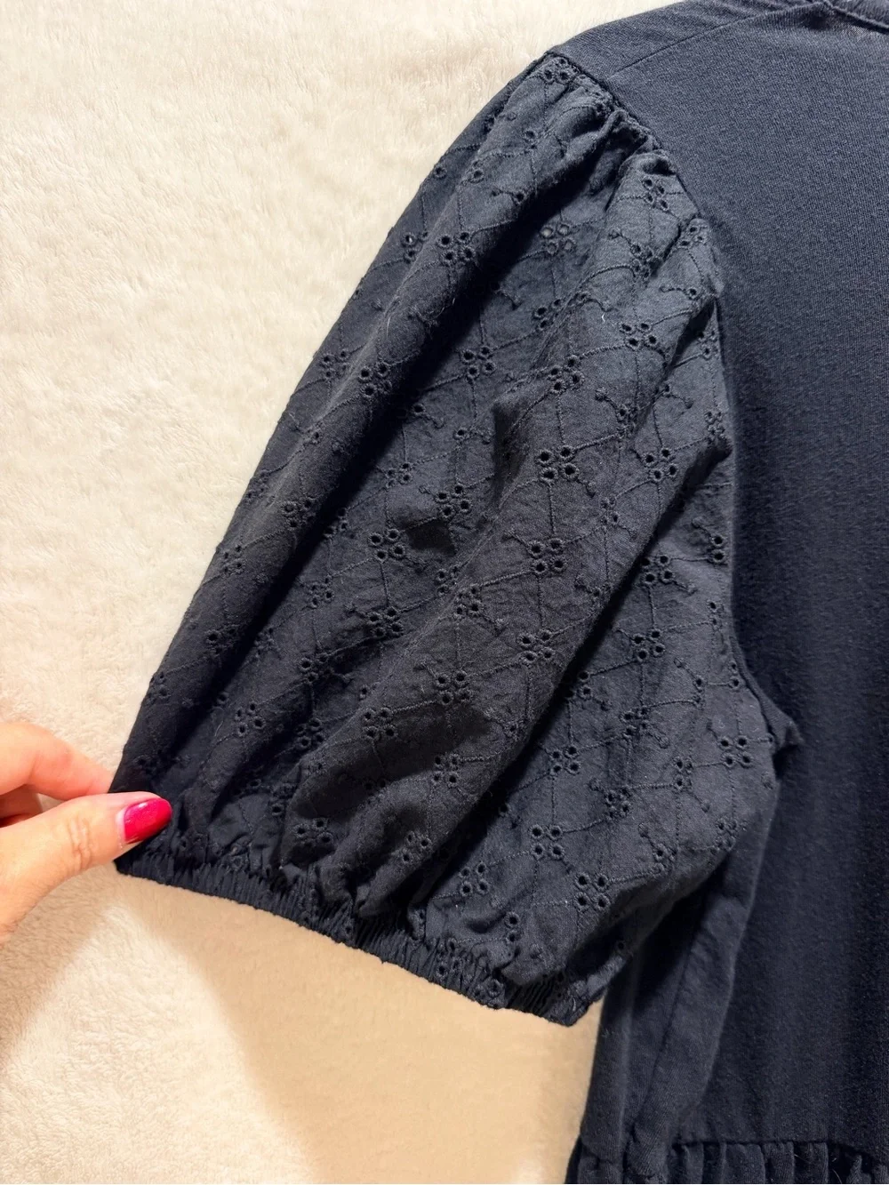 J.Crew black eyelet puff sleeve tiered midi dress small